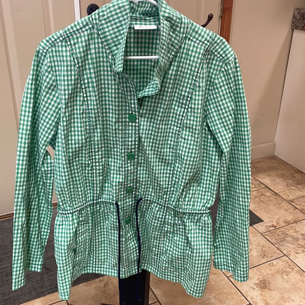 Gingham spring jacket. It is green and white with navy string at waist